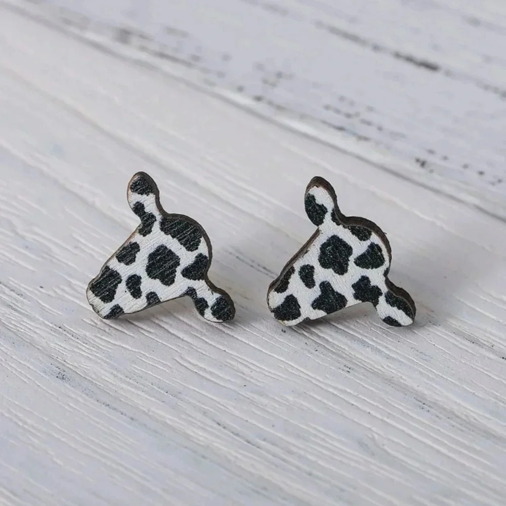 Western Style Drop Earrings Bohemian Cow Head Shape Wooden Hook Earrings